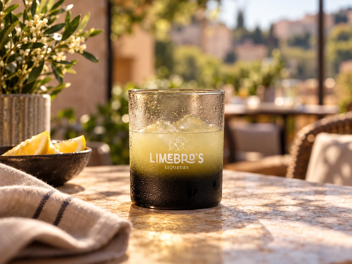Een tumbler met ijskoude Lime Bro's limoncello op een zonnig terras